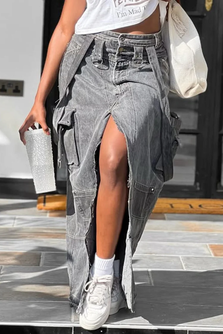 Plus Size Daily Grey Split Casual Cargo Denim Maxi Skirts [Pre-Order] 2024 - Xpluswear