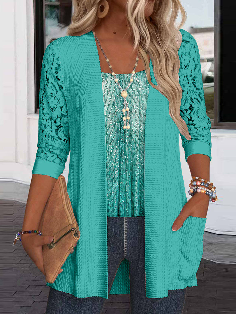 Women Long Sleeve Scoop Neck Polka Dot Printed Printed Graphic Pockets Lace Two-Pieced Tops