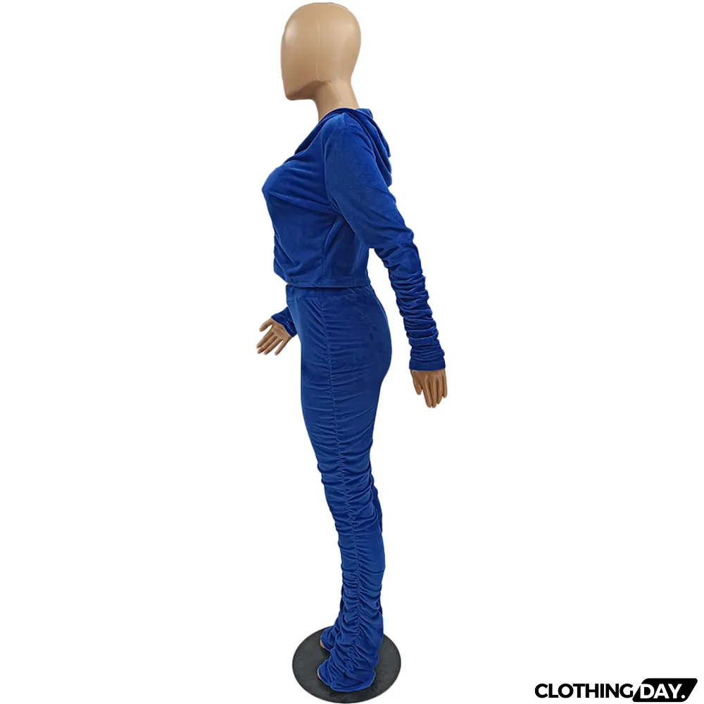 Velvet Pleated Zipper Hooded Jacket Skinny Pants Suit