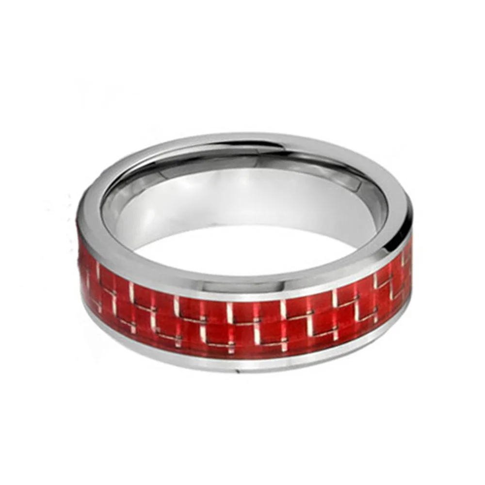 8MM Tungsten Carbide Ring Inlaid Red Carbon Fiber Wedding Band