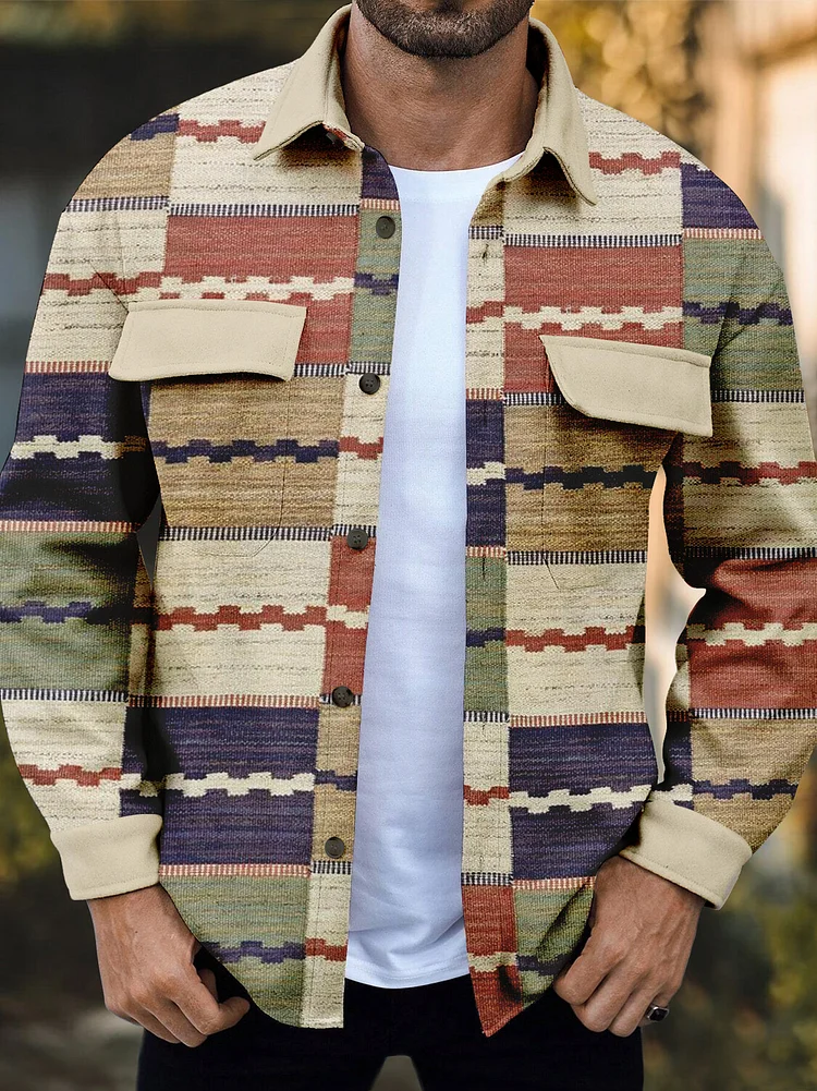 Men's Retro Ethnic Pattern Color Block Print Denim-Like Long Sleeve Shirt
