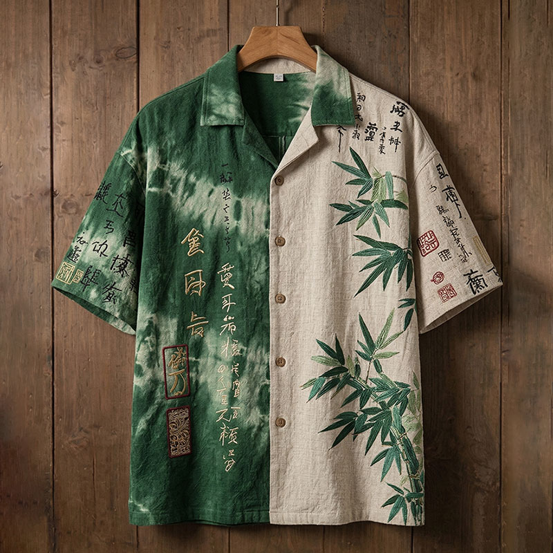 Men's Calligraphy Bamboo Art Print Short Sleeve Shirt elevenforest