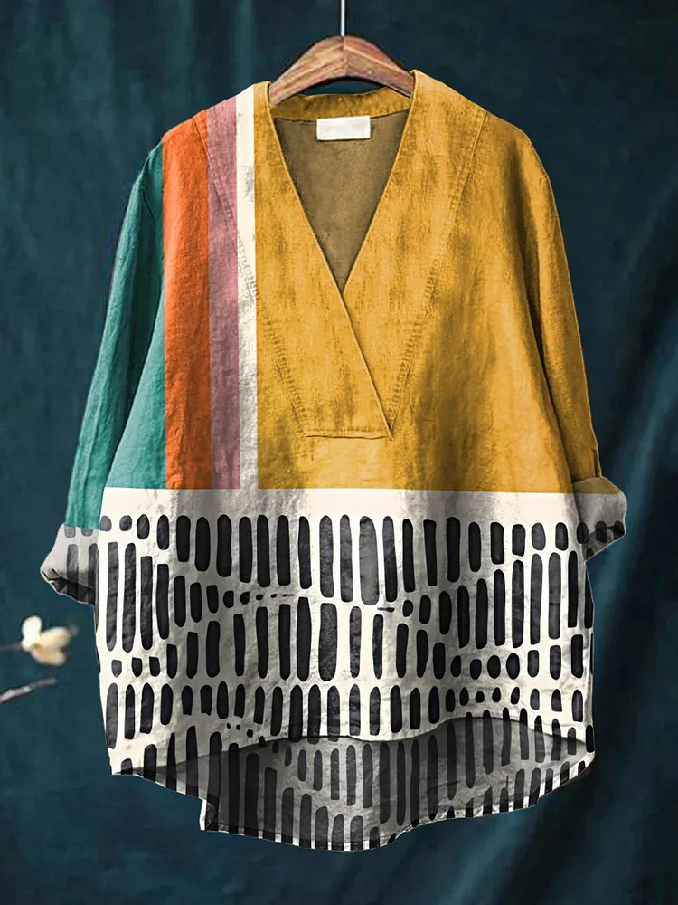 Women's Color-blocking Abstract Geometry Print Casual Cotton And Linen V-neck Shirt