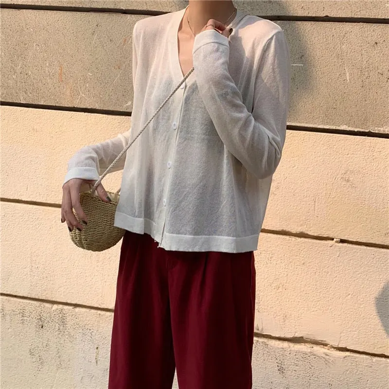Cardigan Women Korean Long Sleeve Cardigan Summer Cropped Cardigan Knitted V neck Thin Ice Silk Sweaters Sunscreen Shirt Tops