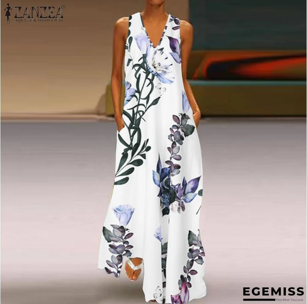 Printed Deep V-neck Dress Sleeveless A-word Large Size Long Dress White Dresses | EGEMISS