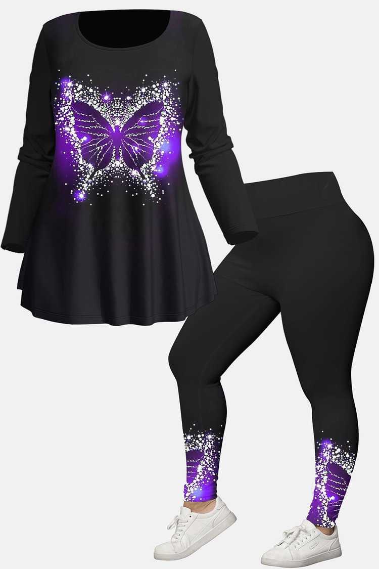 Flycurvy Plus Size Christmas Black Butterfly Print Two Piece Pant Set  flycurvy [product_label]