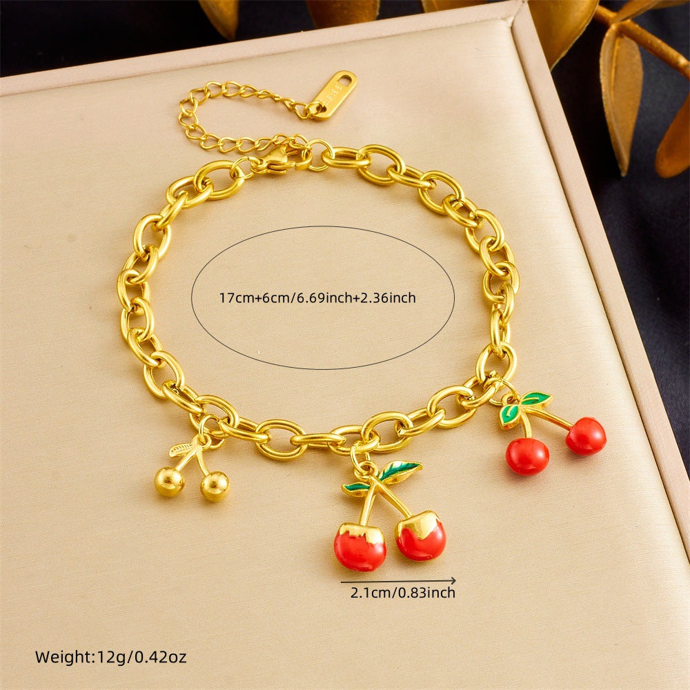Sweet Forest Cherry Love Lock Pendant Female Ins All-Match Stainless Steel Gold-Plated Bracelet Summer Jewelry