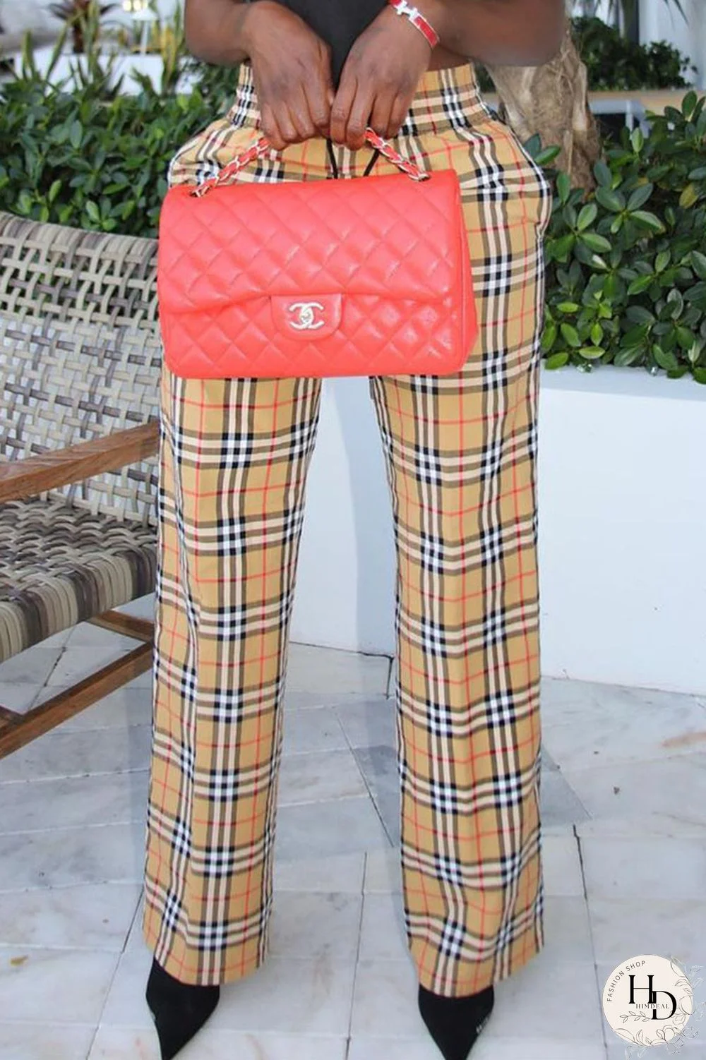 Khaki Casual Plaid Print Split Joint Straight High Waist Straight Full Print Bottoms