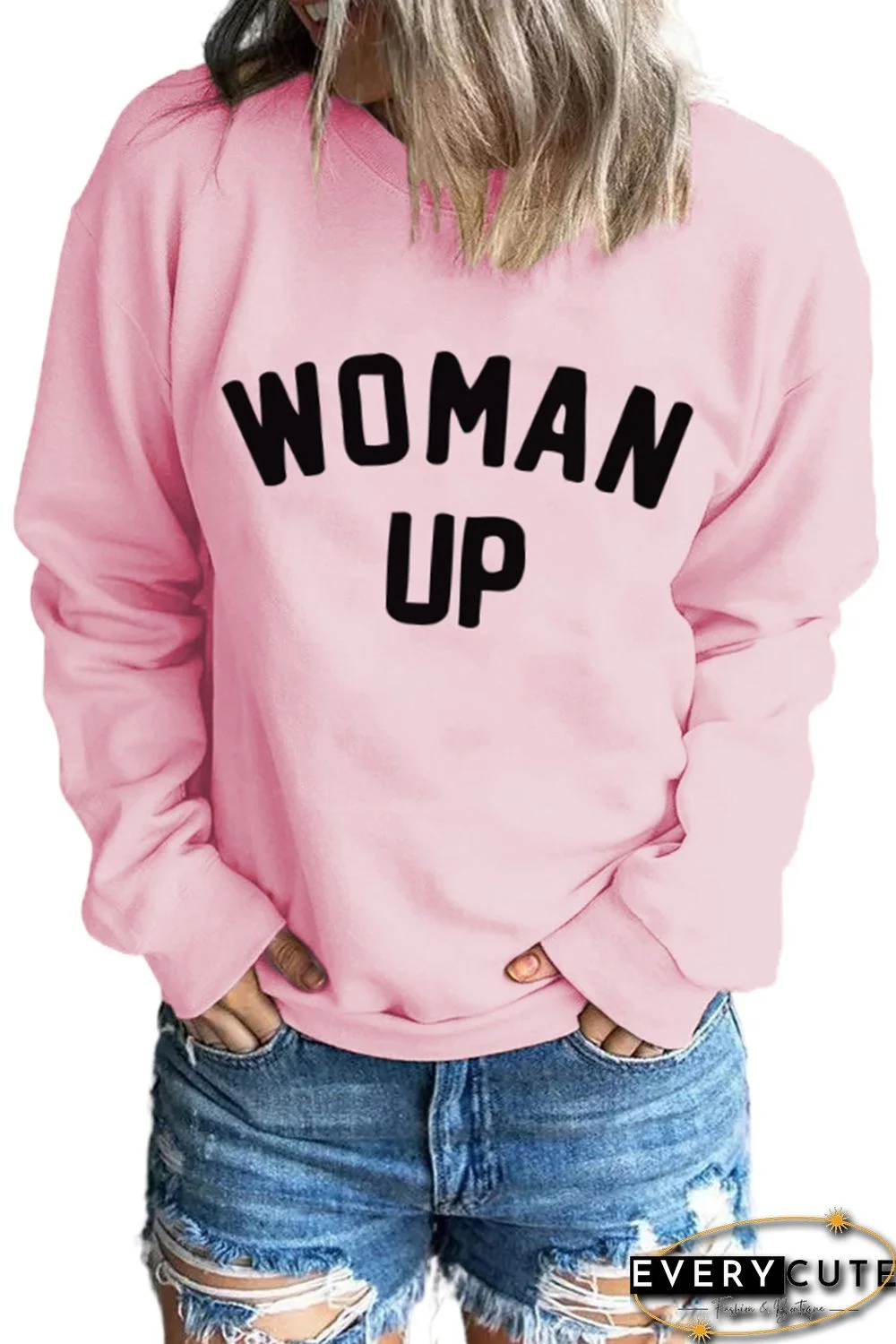 Pink WOMAN UP Drop Sleeve Crewneck Pullover Sweatshirt