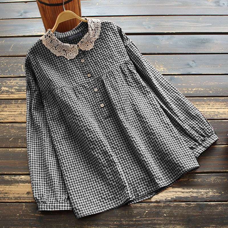 Kaftan Plaid Shirts Women's Autumn Blouse ZANZEA 2022 Button Long Sleeve Check Blusas Female Lace Patchwork Tops Plus Size Tops
