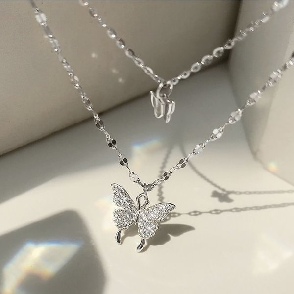 Exquisite and creative women's diamond necklace butterfly double layer Necklace 925 Silver Necklace 18K gold necklace women's geometric Necklace simple clavicle chain fashion women's jewelry accessories holiday wedding engagement Valentine's day anniversa - Shop Trendy Women's Fashion | TeeYours