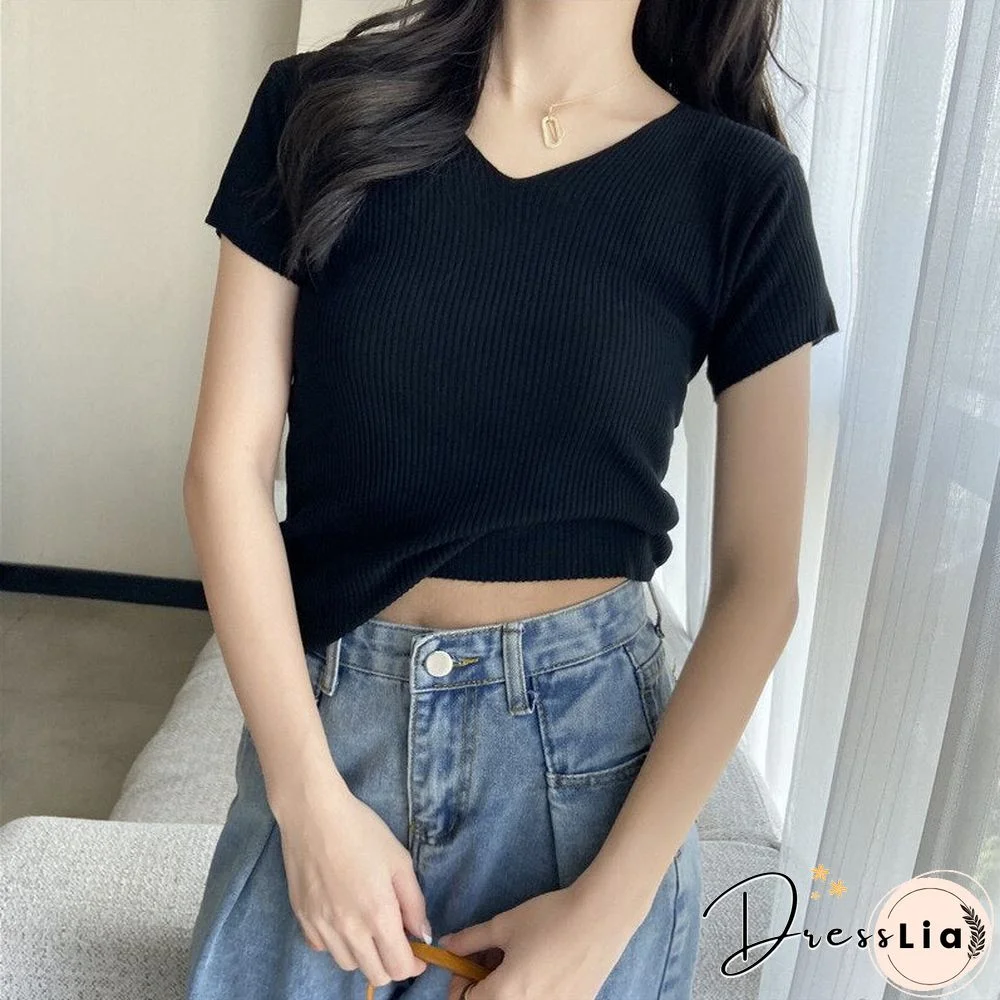 Christmas Gift Summer Short Sleeve Korean Style Sweater V-Neck Knitted Pullover Women Sweaters Basic Thin Tops Pull Femme Jumper