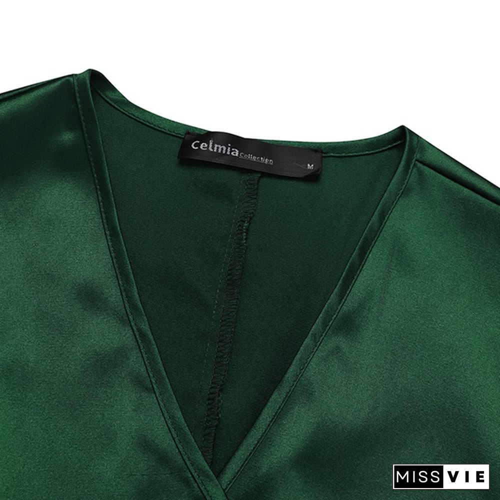 Women Elegant Long Wrap Dress Puff Long Sleeve V Neck Bandage Party Casual Silk Stain Maxi Dress Vestidos