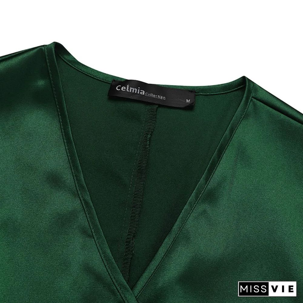 Women Elegant Long Wrap Dress Puff Long Sleeve V Neck Bandage Party Casual Silk Stain Maxi Dress Vestidos