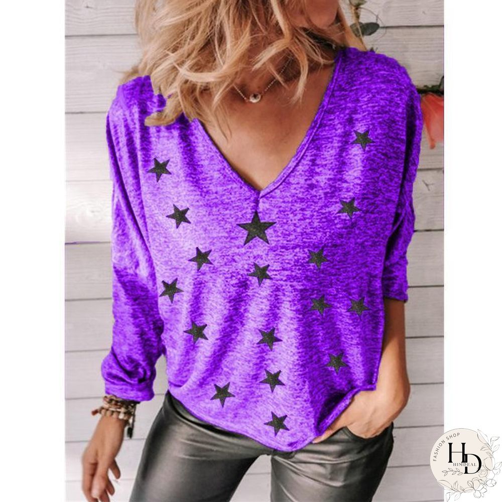 V Neck Star Printed Long Sleeve Top