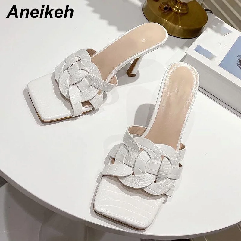 Aneikeh 2021 NEW Summer Women's Shoes Fashion Classics Sweet Narrow Band PU Solid Stiletto Heels Slippers Retro Zapatos De Mujer