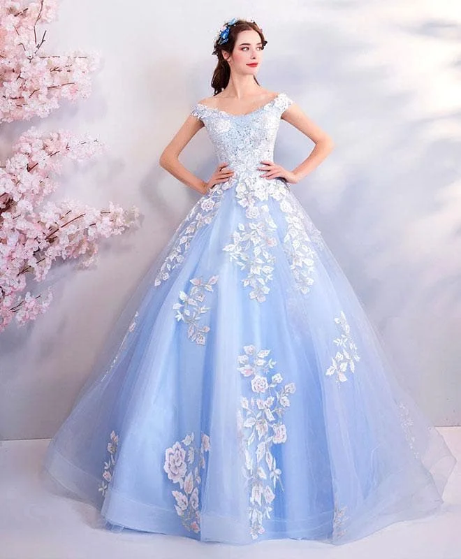Blue Lace Tulle Long Prom Dress, Blue Tulle Evening Dress