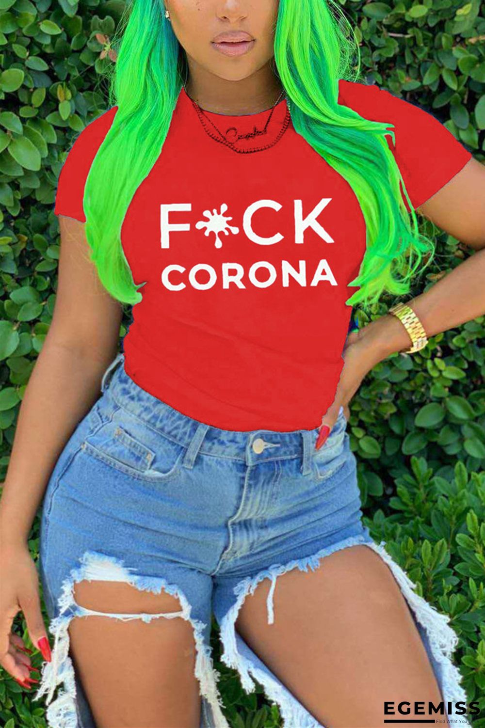 Red Fashion Letter Printing Short Sleeve T-shirt | EGEMISS