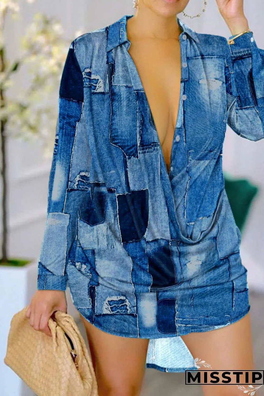 The cowboy blue Casual Print Patchwork Buckle Turndown Collar Straight Dresses