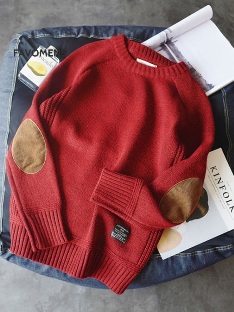 Winter Thickened Men’s Sweater Retro Round Neck Pullover Red / M
