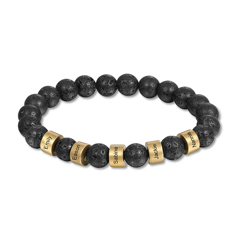 Black Onyx Men Bracelet Personalized with 5 Names Gold Beads Warp Bracelet