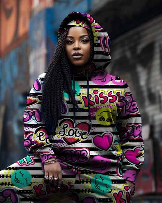 Women's Plus Size 2 Piece Sweatsuit Kiss Love Stripe Hoodie Pants Set