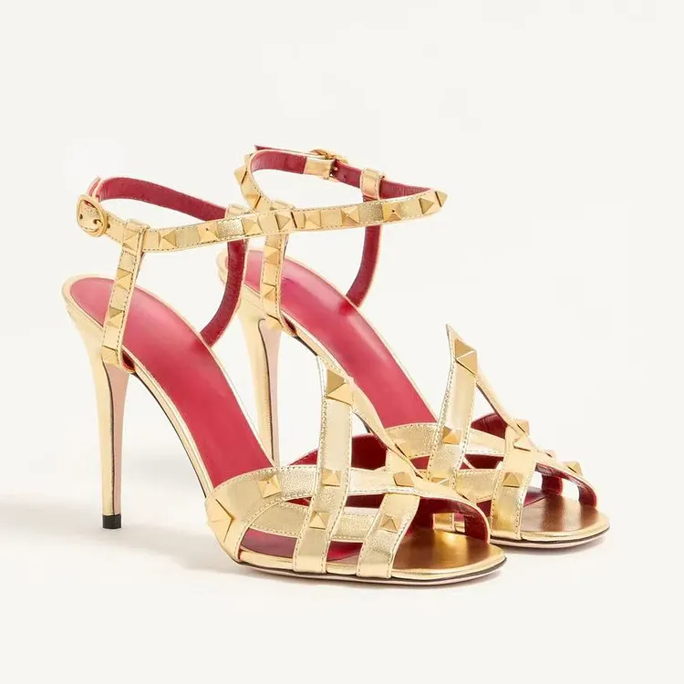100mm Openwork Studded Peep Toe High Heel Apricot Bottom Sandals VOCOSI VOCOSI