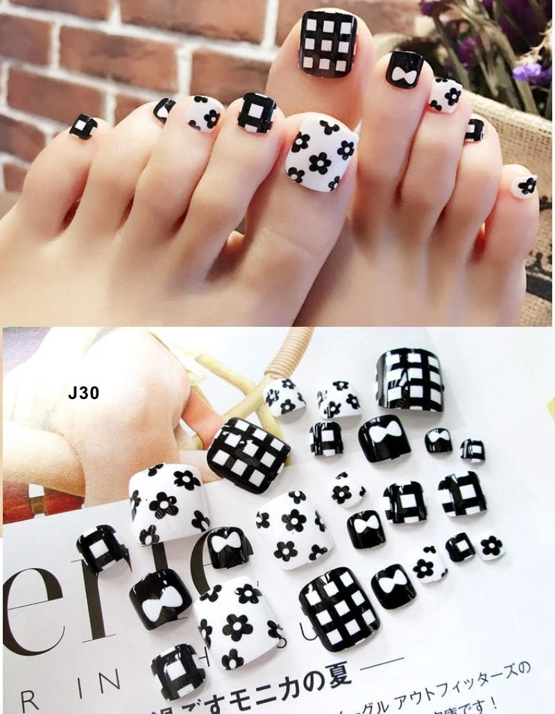 24 Pcs/Set Fresh Style Toe Fake Nails 3D Foot Full Toes Nail Art Tips False Nails  for Lady Girls Toenails Press on Nail-Nail Inspo