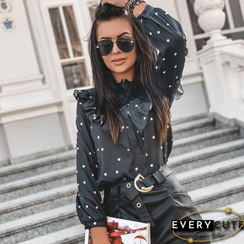 Elegant Print Ruffle Buttons Shirt Blouse Women Neck Pullover Tops Blusa Spring Autumn