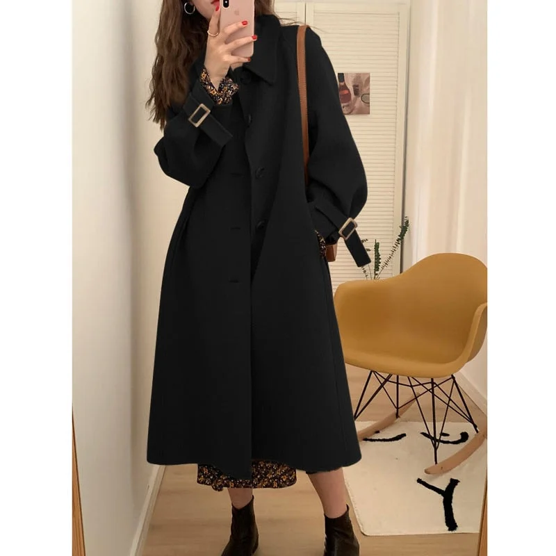 Women Korean Winter Long Overcoat Outwear Loose Full Sleeve Single Breasted Femme Elegant Woolen Coat