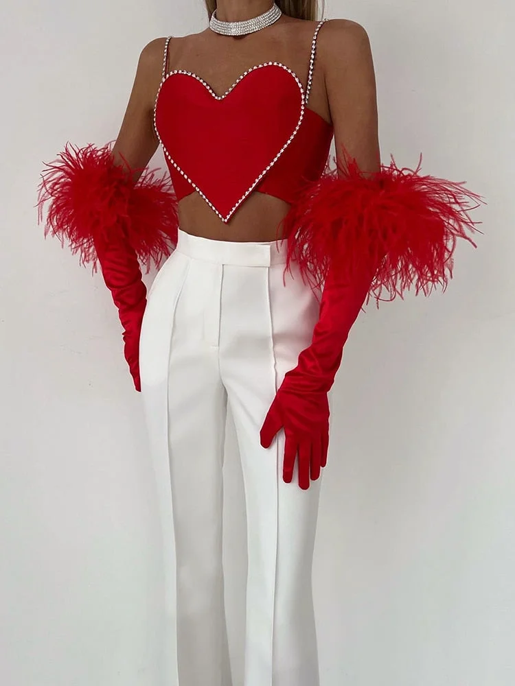 Toloer Red Heart Cut Out Rhinestone Strap Crop Top-Outfit Ideas