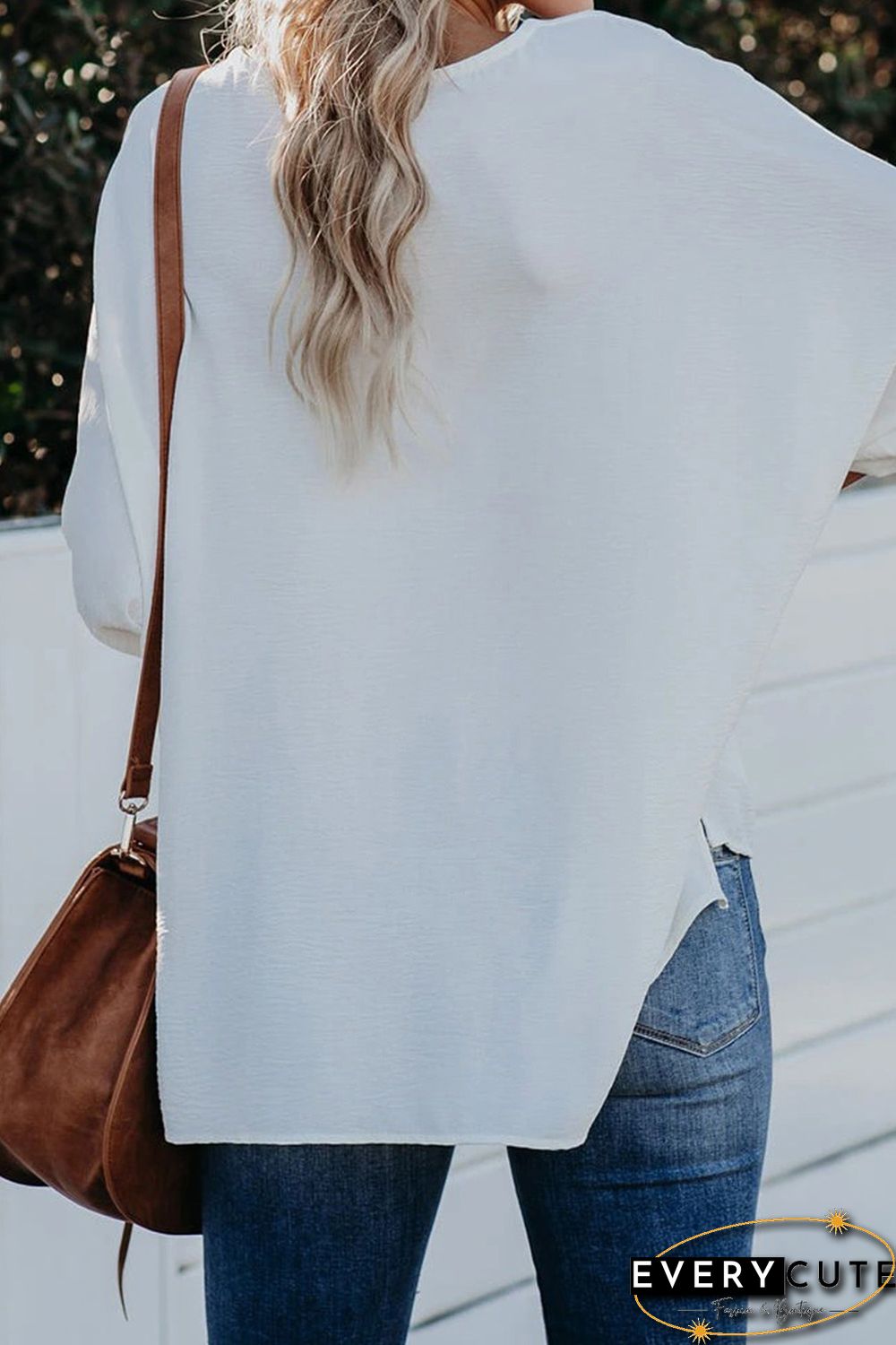 White V Neck 3/4 Sleeve High Low Hem Shirt
