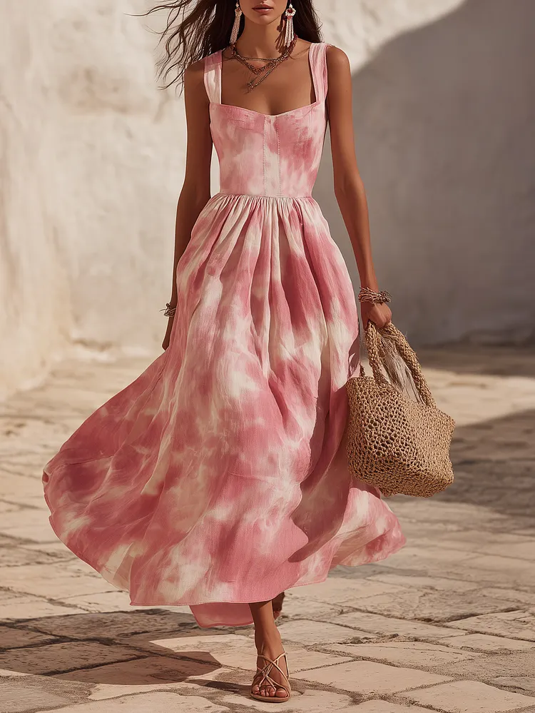Mediterranean Holiday Light Woven Fabric Pink Tie Dye Square Neck Wide Strap Flared Maxi Dress