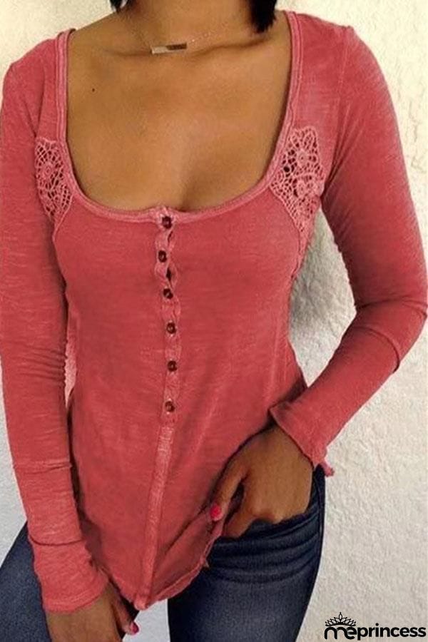 Button Long Sleeve U Neck T Shirt