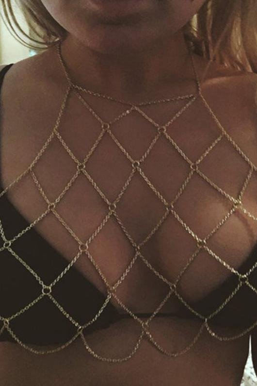 Gold Halter Hollow Out Caged O Ring Detail Sexy Body Chain Bra-elleschic