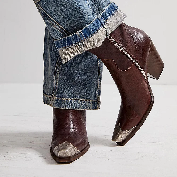 Maroon Etched Metal Toe Chunky Heel Western Booties for Women |FSJ Shoes