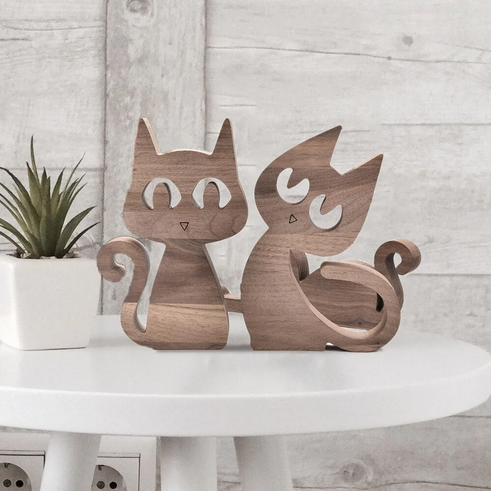 Wooden Cat Figurines Decoration Handmade Desktop Sculpture Craft Cute Cat Home Office Decor Gifts For Cat Lovers