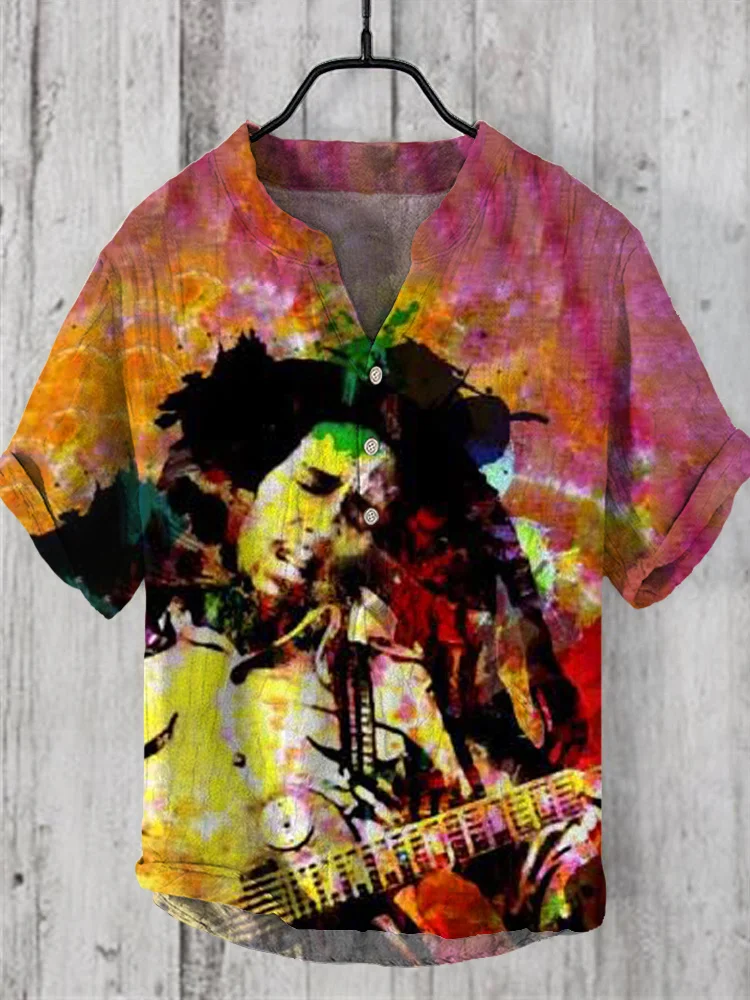 Reggae Music Bob Marley Linen V-Neck Shirt