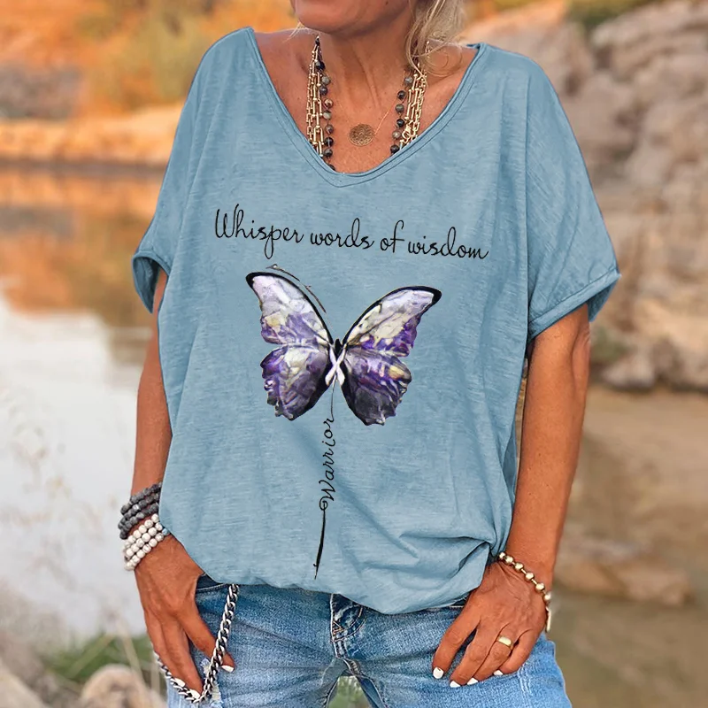 Oversized Whisper Words Of Wisdom Butterfly Printed Women's Tees