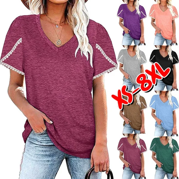 XS-8XL Spring Summer Tops Plus Size Fashion Clothes Women's Casual Short Sleeve Tee Shirts Ladies Flare Sleeves O-neck Blouses Lace Stitching Cotton Tops Solid Color Loose T-shirt