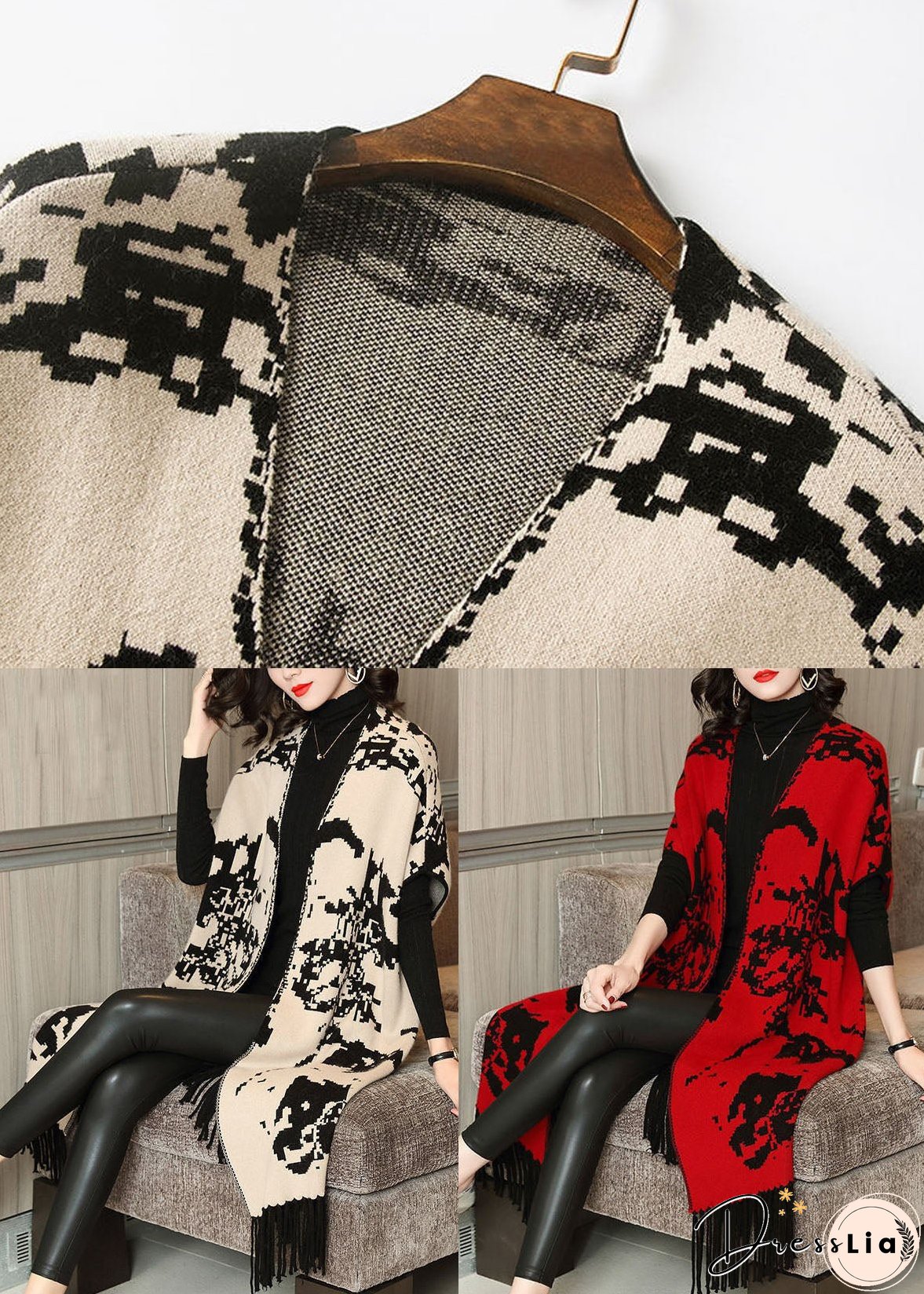 Women Red Print Knit Wool Long Cardigans Short Sleeve