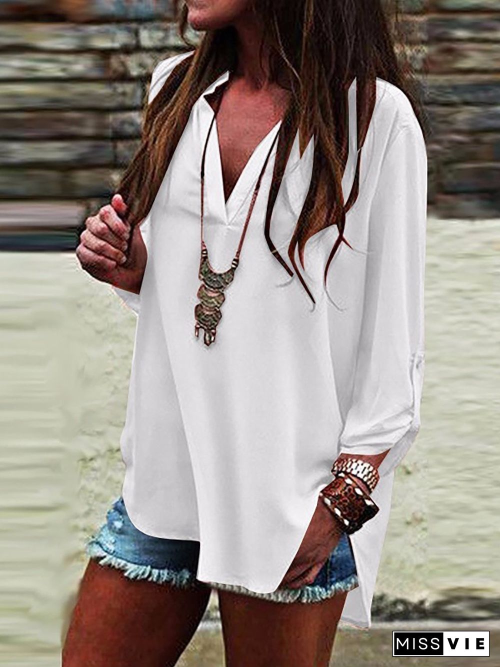 Women V Neck Slit Long Sleeve Blouse