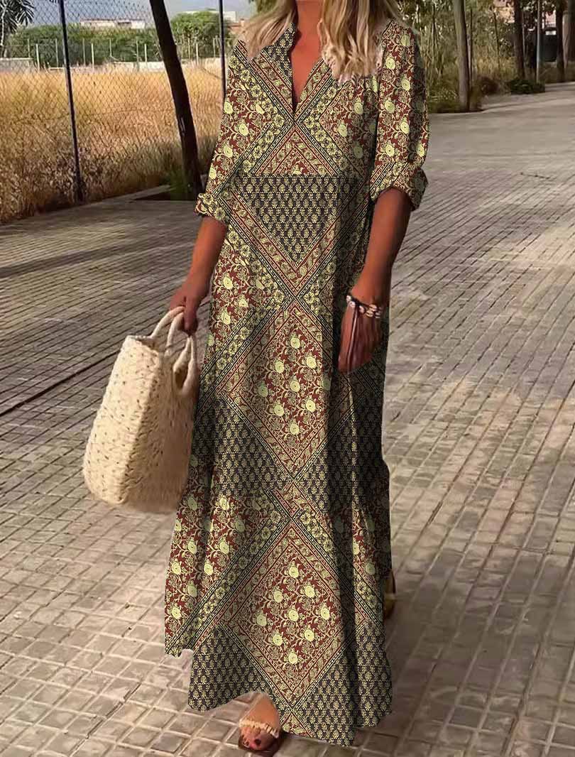 Women Bohemian, Brown, Gold DZDN0464 SPU Printed Long Sleeve V-neck Maxi Dress