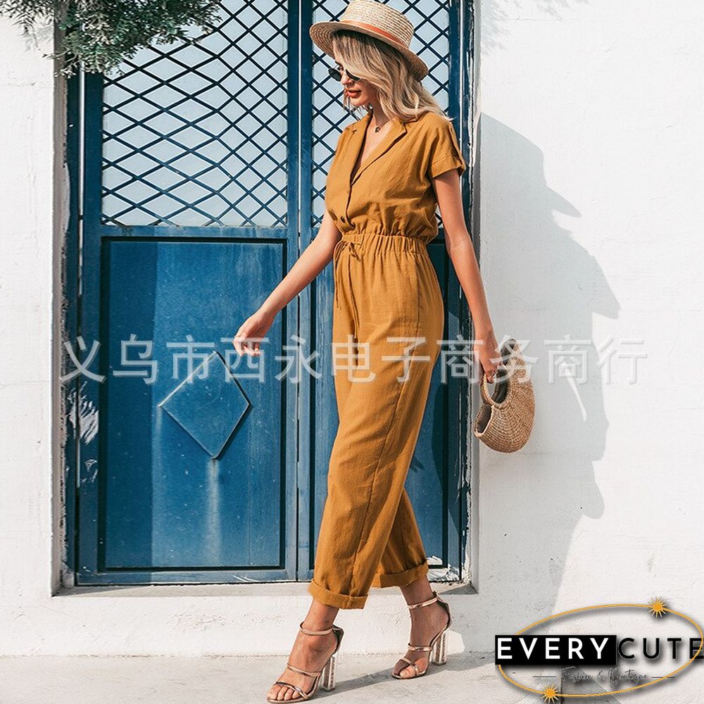 Spring & Summer High Waist Wide Leg Pants Drape Loose Cotton Jumpsuit Solid Color Belt