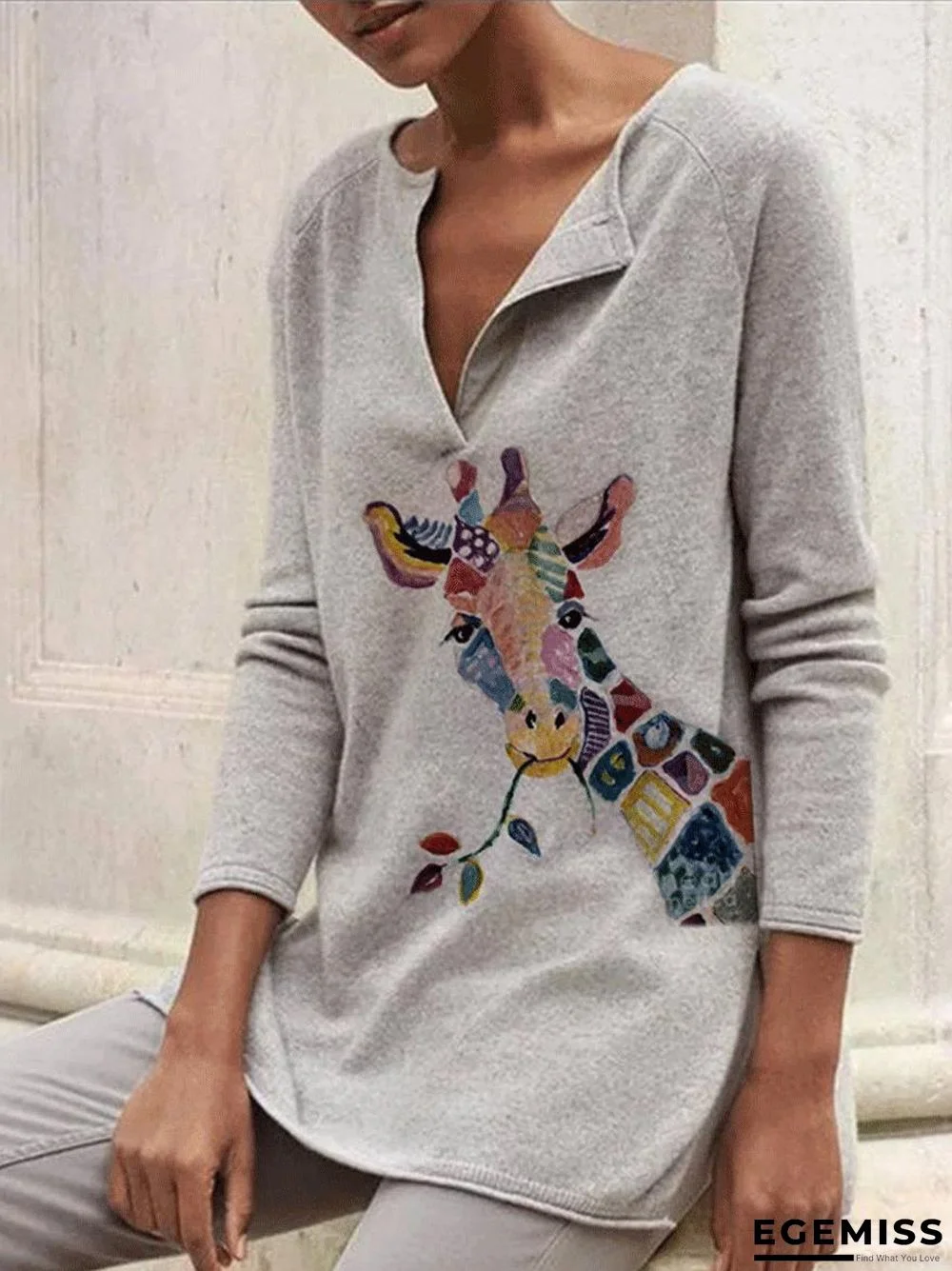Round Neck Fawn Print Casual Long-sleeved T-shirt | EGEMISS