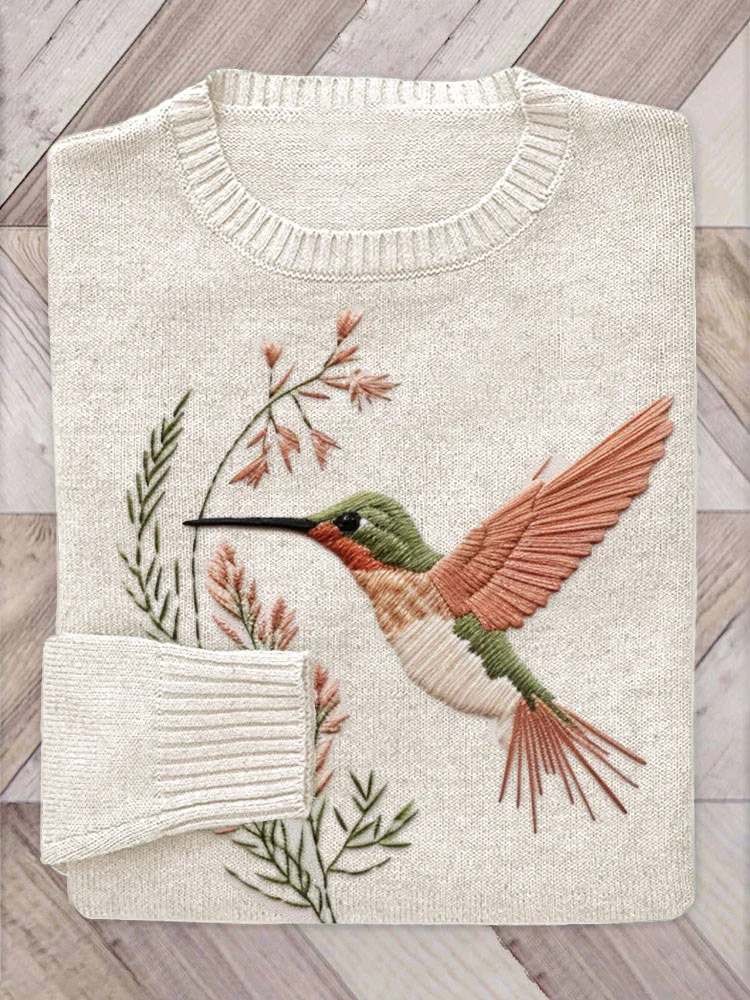 Comstylish Hummingbird Embroidery Pattern Knit Sweater