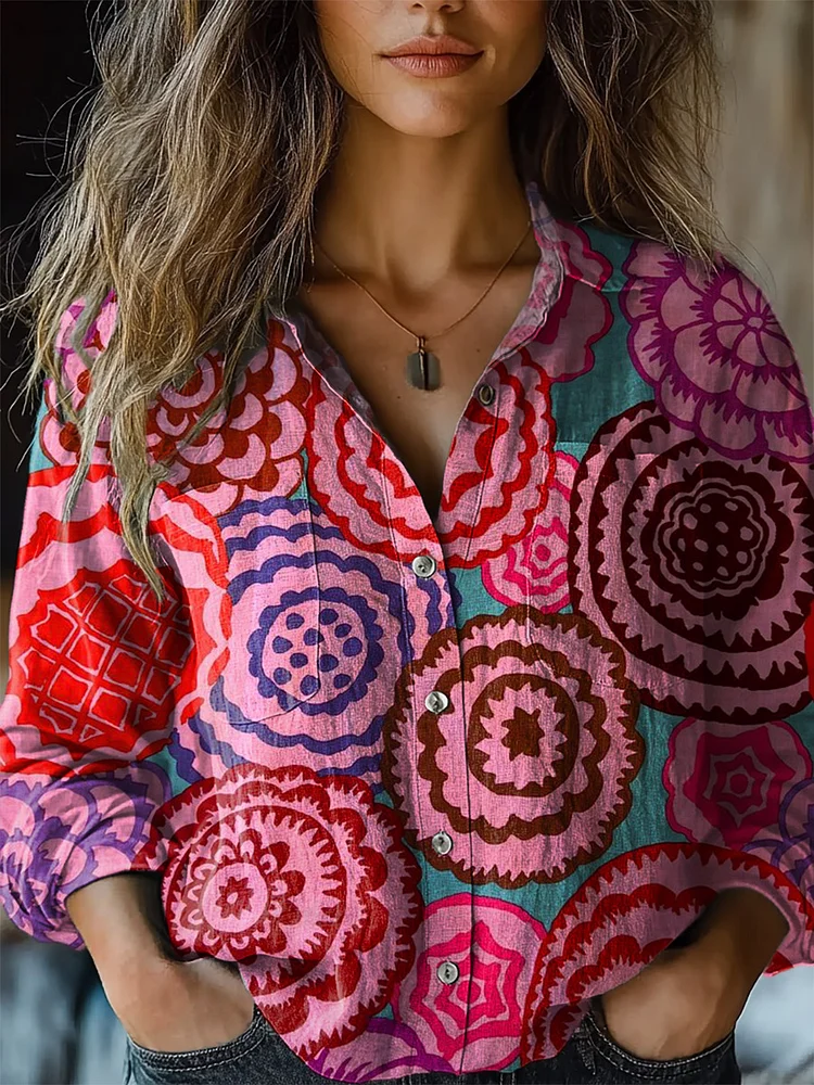 Women's Colorful Flower Graffiti Print Casual Long Sleeve Comfortable Cotton Shirt