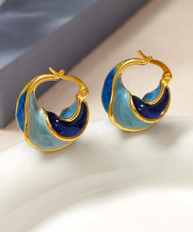 Vintage Colorblock Copper Overgild Drip Glaze Spiral Pattern Hoop Earrings