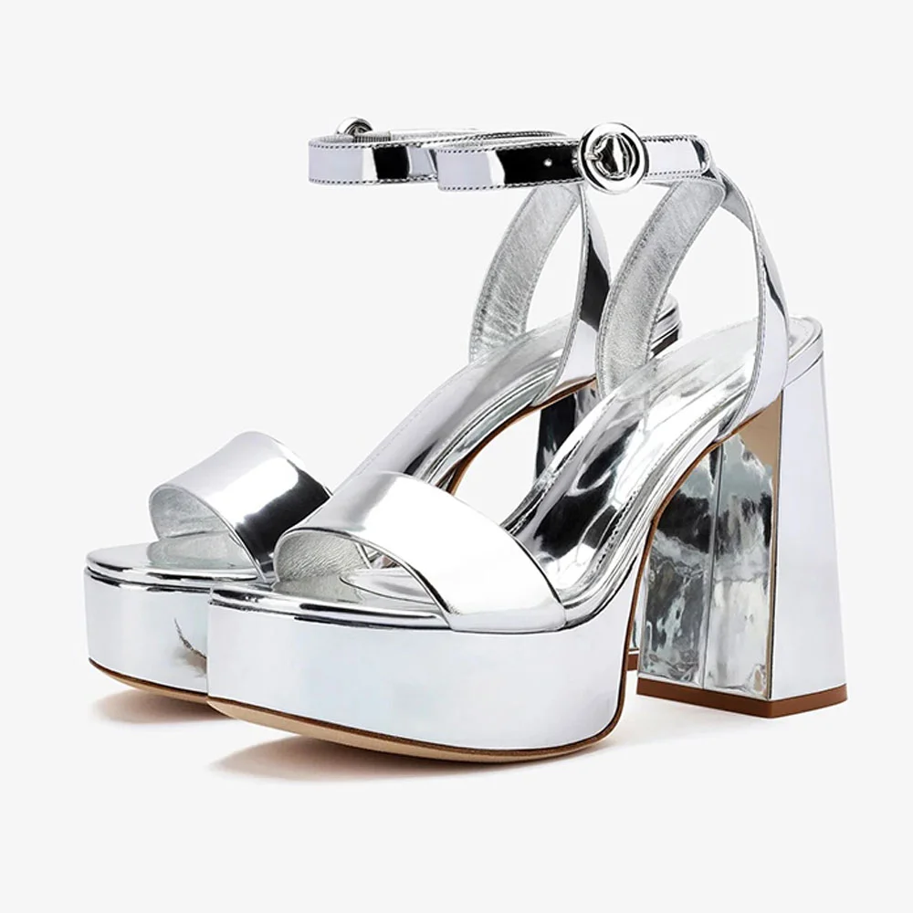 Open Round Toe Chunky Heel Buckle Silver Sandals with Platform