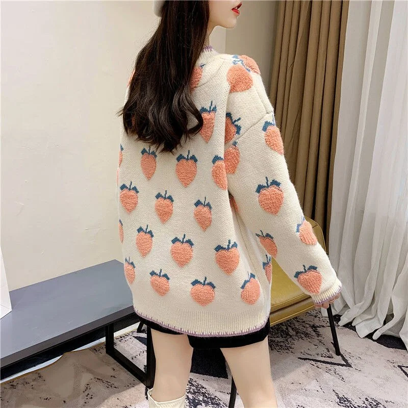 Huiketi Cute Pink Cartoon Strawberry Peach Snowflake Knitted Sweater Women Loose Casual Pullover Sweater Winter Warm Woman Clothes
